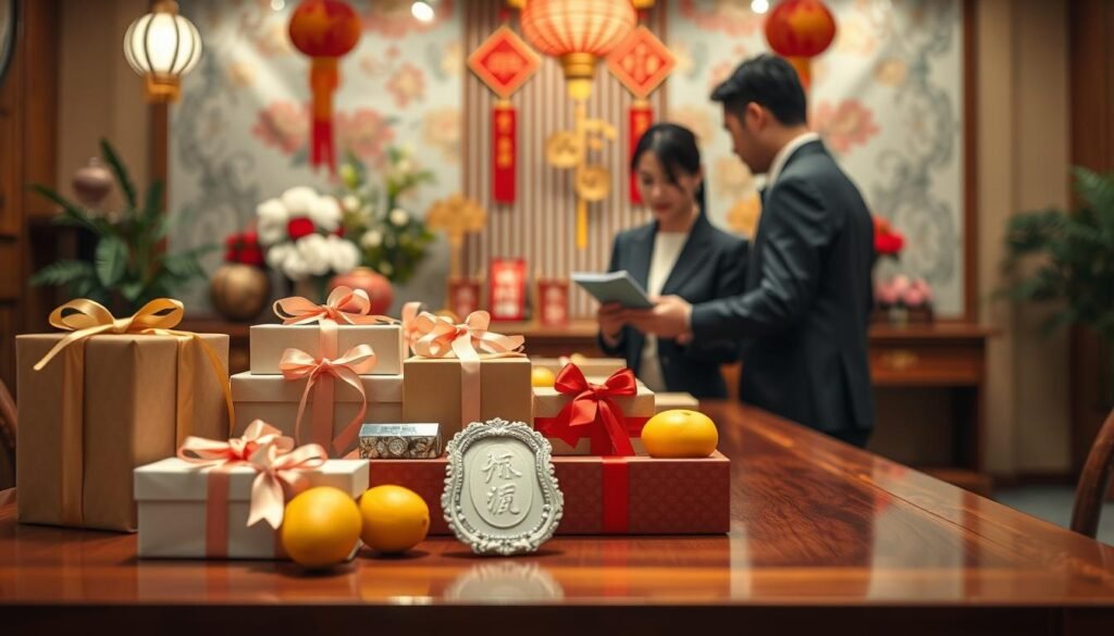 A detailed and modern Taiwanese wedding setting featuring a beautifully arranged display of traditional betrothal gifts on a polished wooden table. In the foreground, elegant gift boxes tied with ribbons, decorative fruits like pomelos, and symbolic items such as jade ornaments are artistically arranged. The middle section showcases a well-dressed couple discussing prices and comparing items, dressed in professional business attire, reflecting the importance of the negotiation process in Taiwanese culture. In the background, incorporate a festive backdrop featuring traditional Chinese wedding decorations with soft lighting that creates a warm and inviting atmosphere. Utilize a slight depth of field to focus on the foreground while subtly blurring the background, inviting the viewer into the rich cultural context surrounding Taiwanese marriage customs.