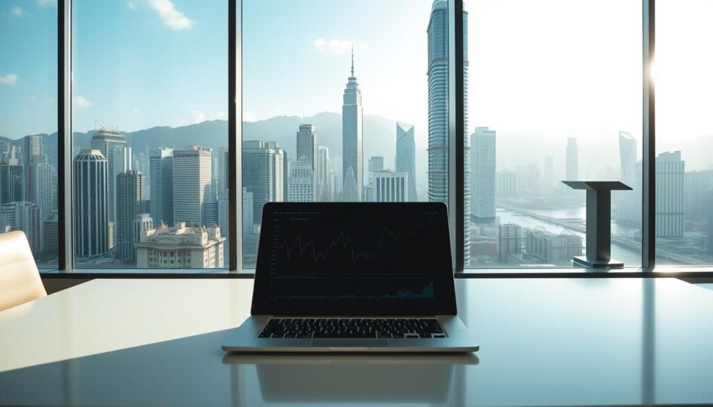 A modern office space in Central Hong Kong, showcasing the varying rental prices. In the foreground, a sleek desk with a laptop and financial graphs on the screen symbolizes analysis. The middle ground features a large window revealing a panoramic view of Hong Kong's iconic skyline, dominated by high-rise buildings and the bustling urban landscape. In the background, the silhouette of a podium subtly hints at its influence on office space rental dynamics. The lighting is bright and professional, with natural light pouring in, creating a productive and optimistic atmosphere. A wide-angle perspective captures the essence of a thriving business environment, emphasizing the connection between office design and rental price fluctuations.