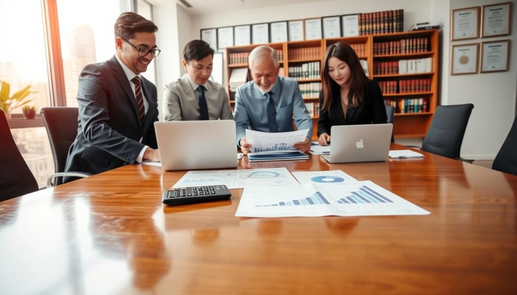 A professional accounting office setting, featuring a diverse group of business professionals, including two men and two women in business attire, discussing financial documents. In the foreground, a calculator, graphs, and a laptop are placed on a polished wooden table, symbolizing financial planning. The middle ground shows a large window with natural light flooding the room, illuminating the charts and spreadsheets spread across the table. In the background, a modern office with a bookshelf filled with accounting books and certificates on the wall adds an authoritative touch. The atmosphere is collaborative and focused, conveying a sense of trust and professionalism in accounting services for small and medium enterprises in Hong Kong. The image should have soft, natural lighting, and be captured from a slightly elevated angle to highlight the activities and documents on the table.